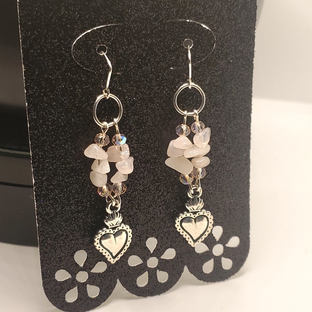 3" Rose Quartz w/Sacred Heart Cluster Earrings, Sterling Silver & Gemstone